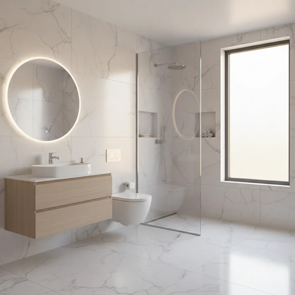 marble look white porcelain tile floor in modern bathroom