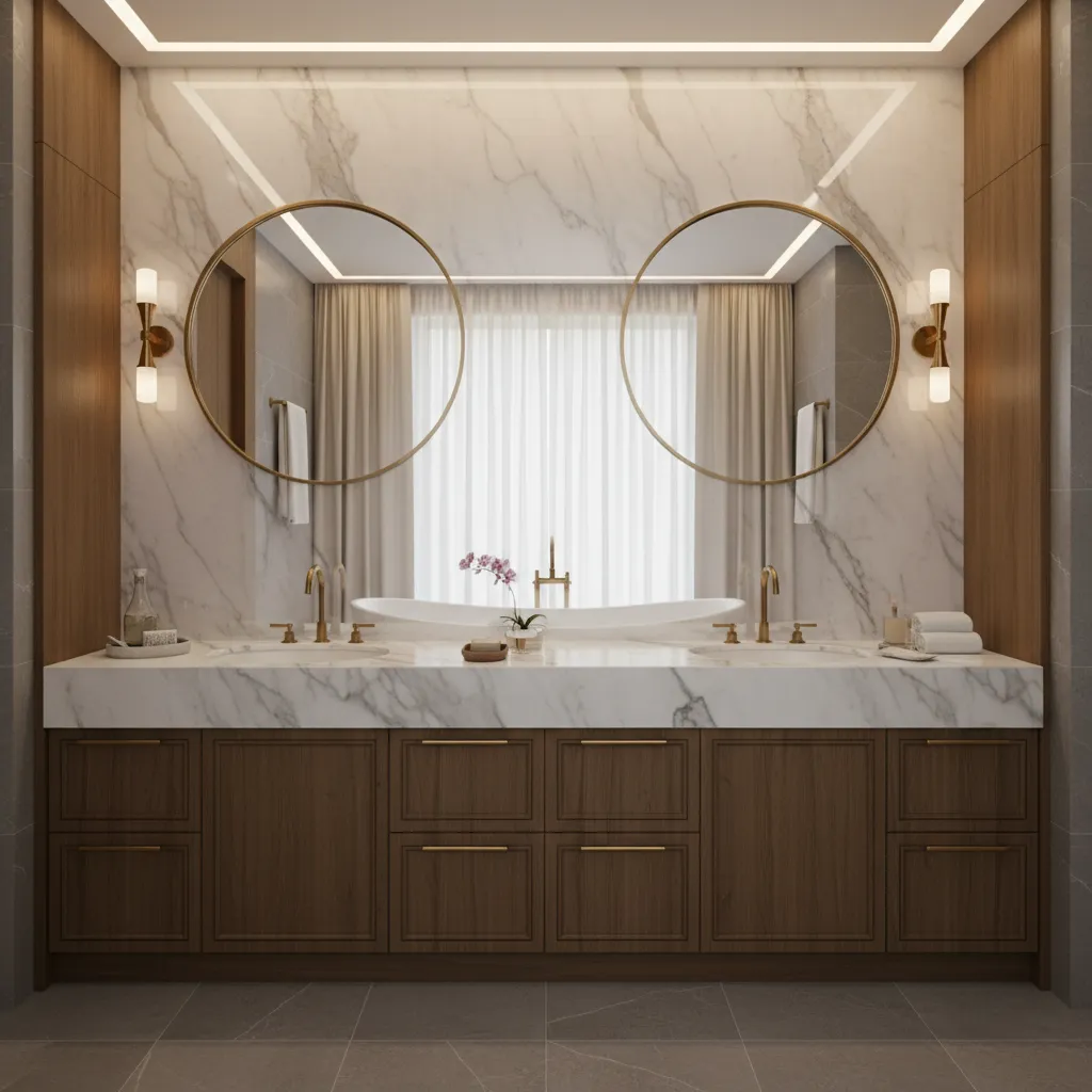 Luxury bathroom vanity with marble countertop and elegant veining