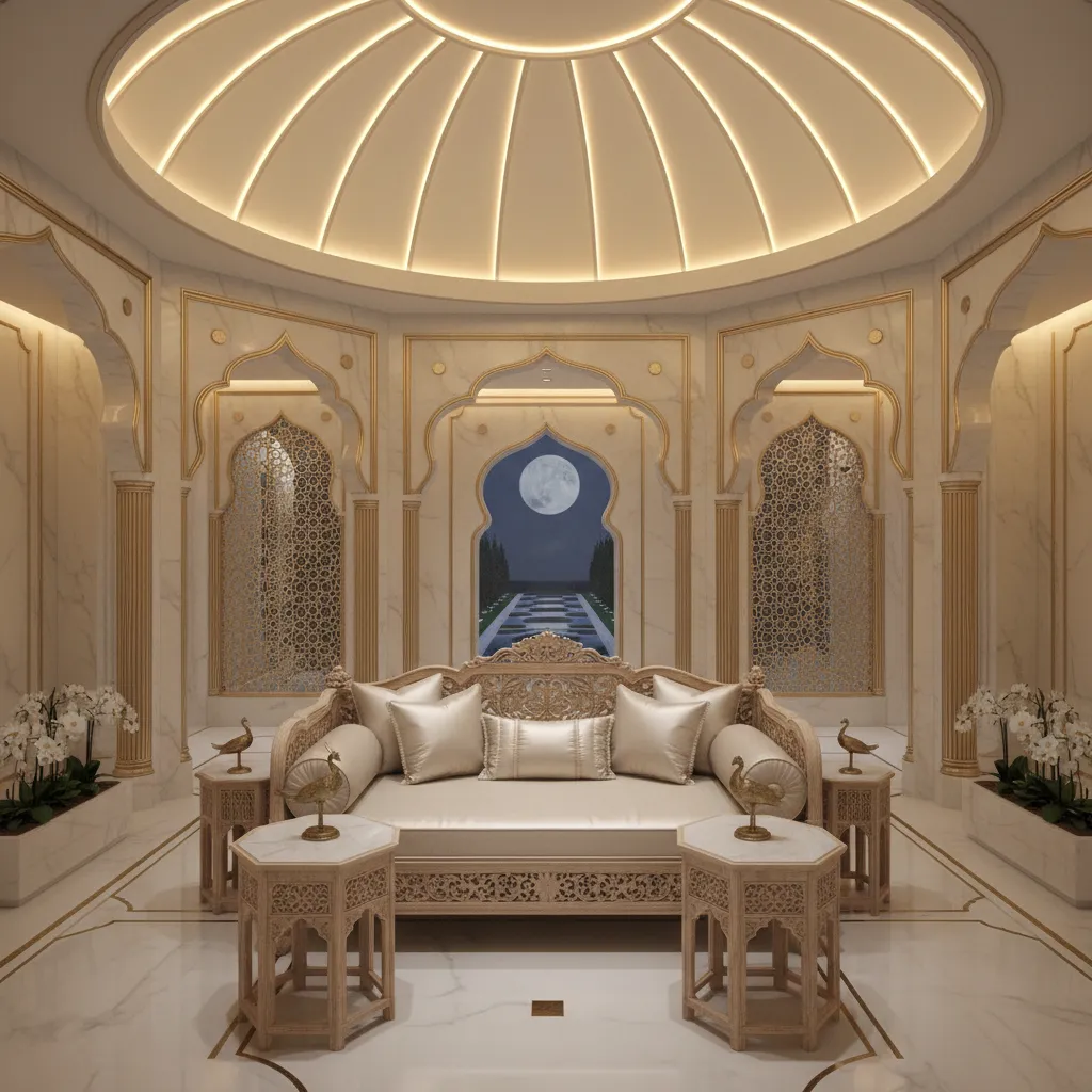 Interior con mármol blanco y detalles dorados inspirado en el Taj Mahal