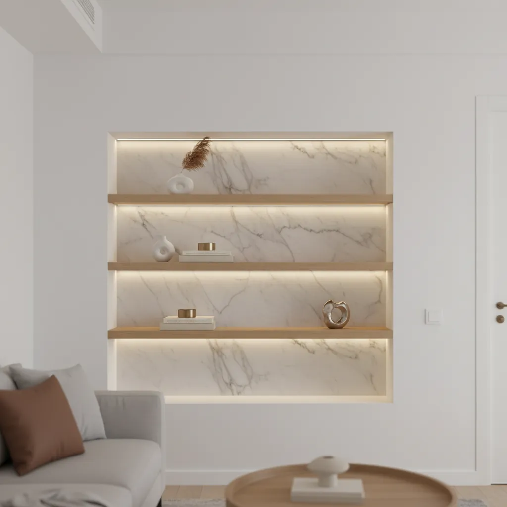 Wall niche with marble backing in a compact modern interior
