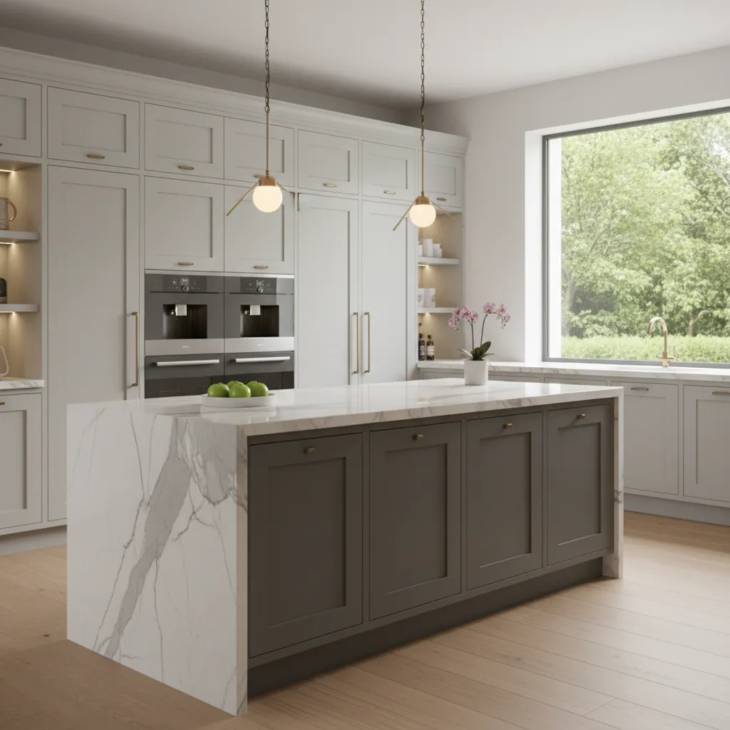 Luxury kitchen peninsula with marble countertop and elegant cabinetry