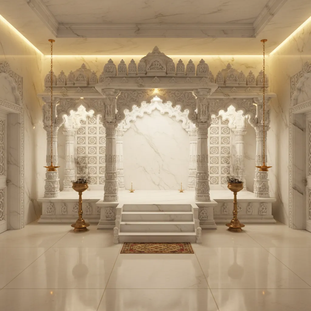 Elegant white marble pooja mandir installed in a dedicated prayer room