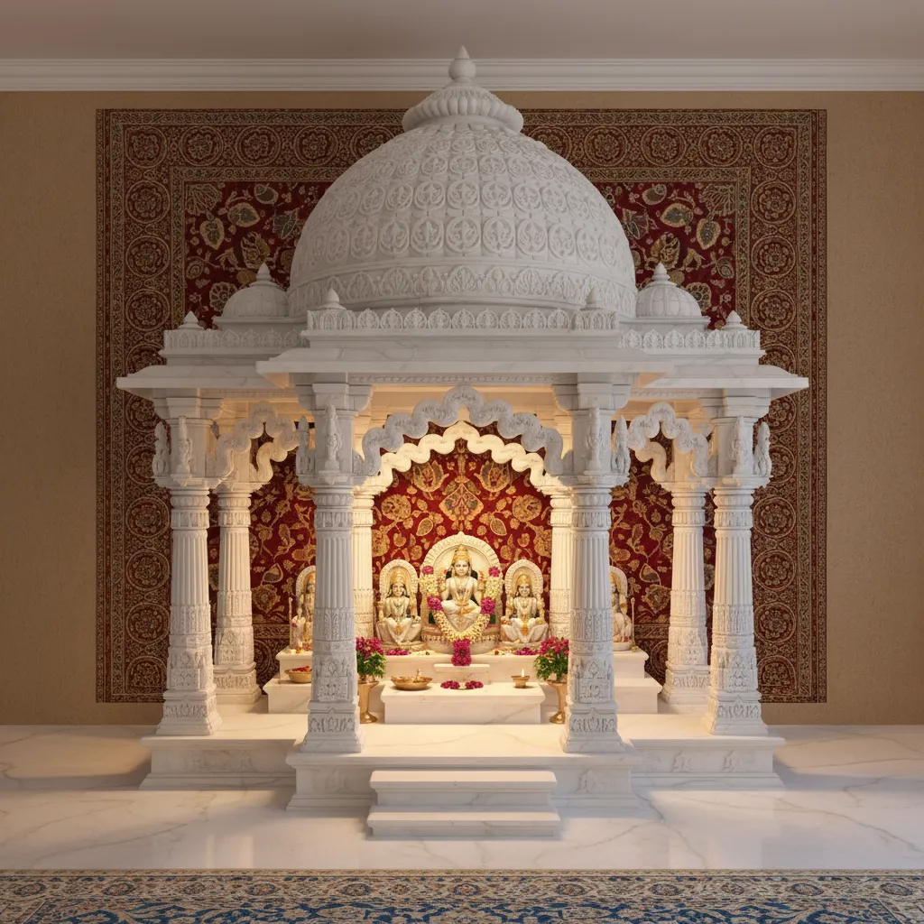 Traditional marble pooja mandir with dome and pillars