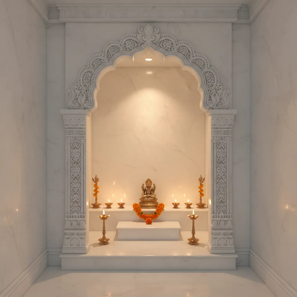 Decorative marble arch framing a small pooja mandir