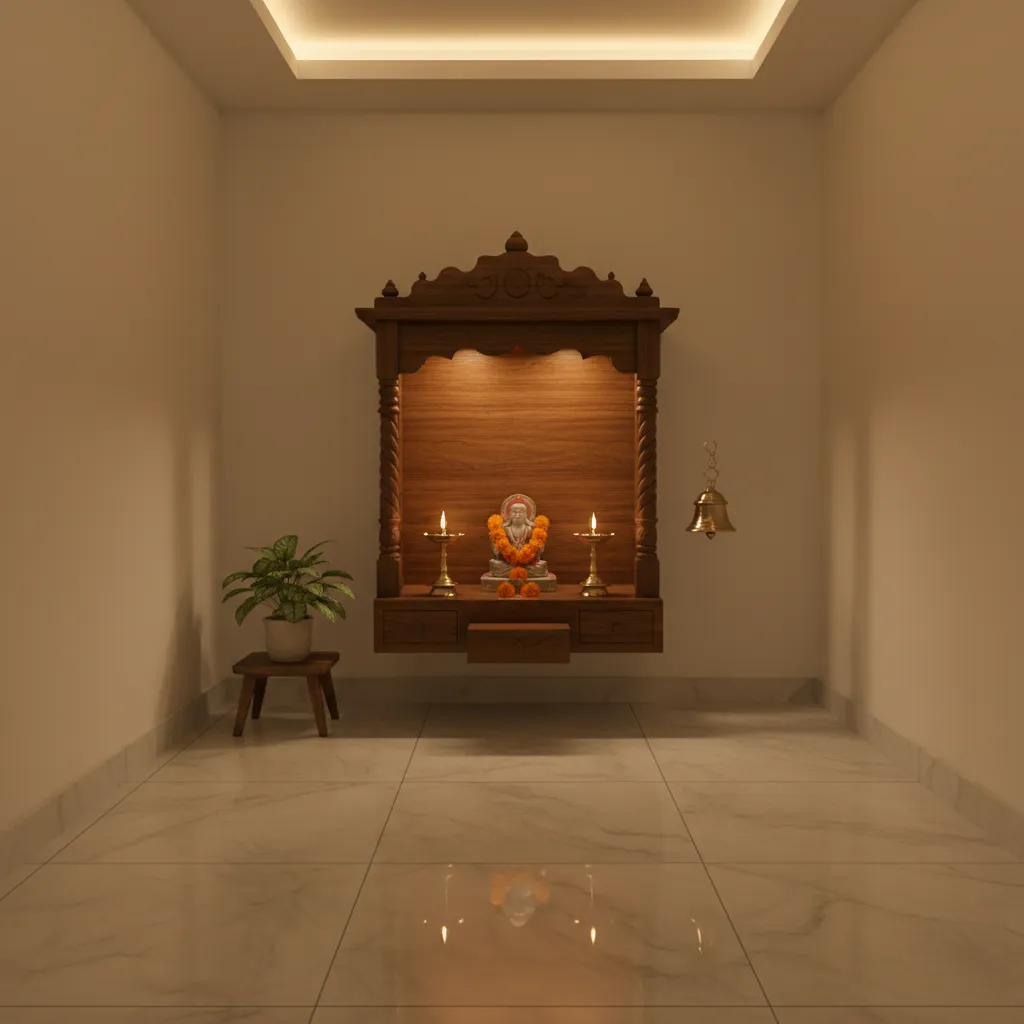Small home pooja room with marble finish tiles and wooden mandir