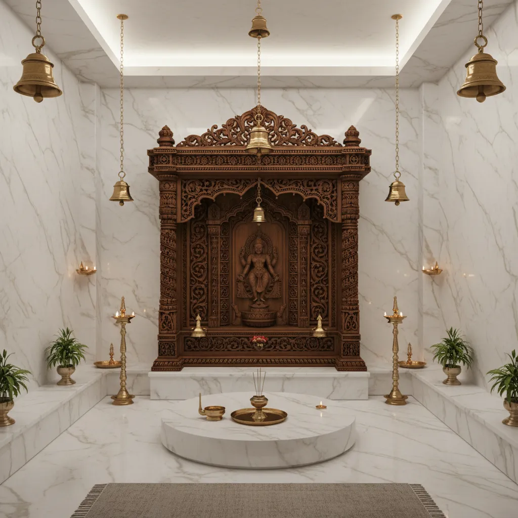 Modern marble pooja room with wooden frame and brass accents