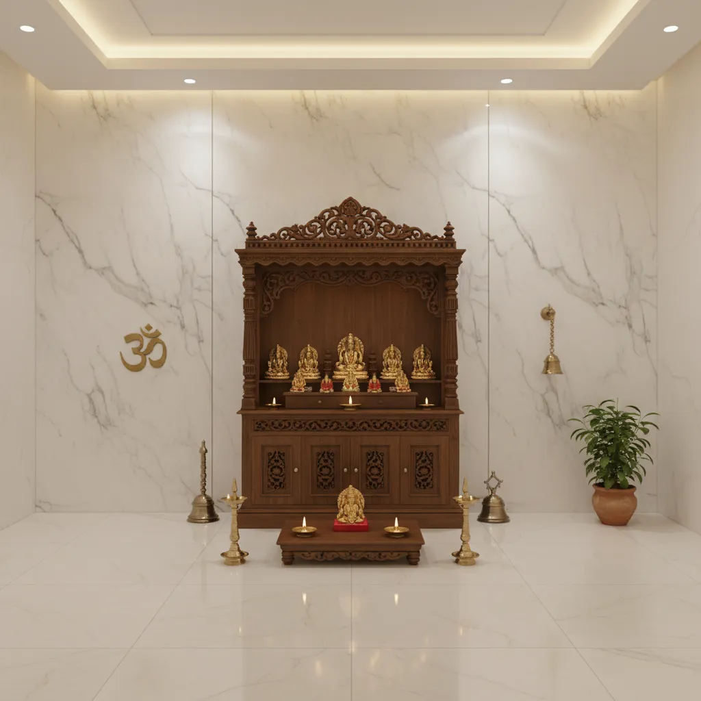 white marble wall backdrop behind mandir