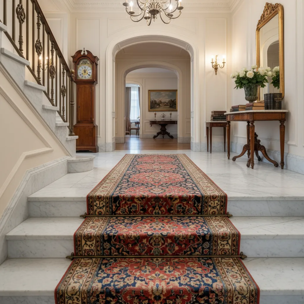 Escalera de mármol con alfombra runner vintage en el centro