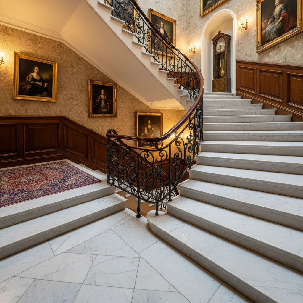 Escalera de mármol combinada con madera y barandilla de hierro vintage