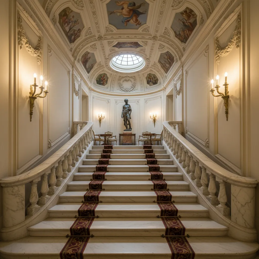 Escalera de mármol con iluminación de pared estilo clásico
