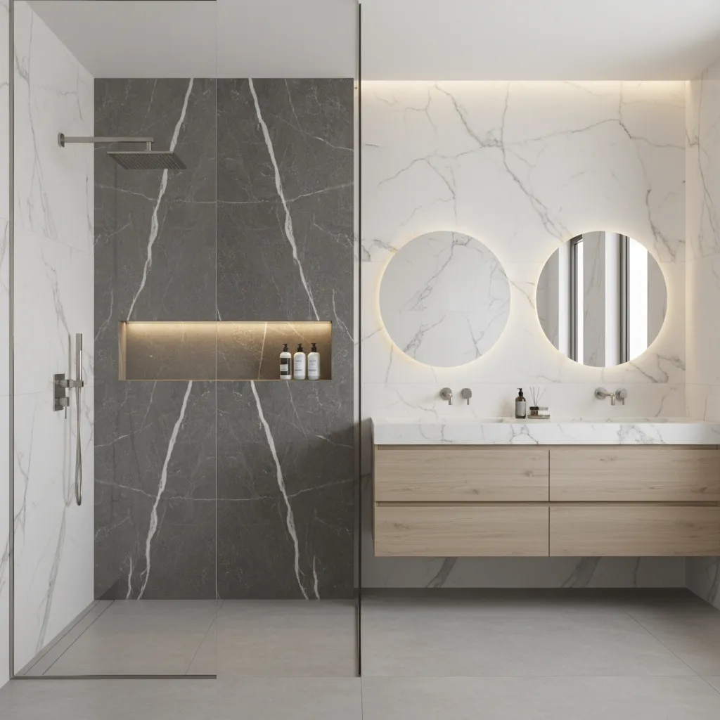 White marble bathroom wall tiles with gray veining