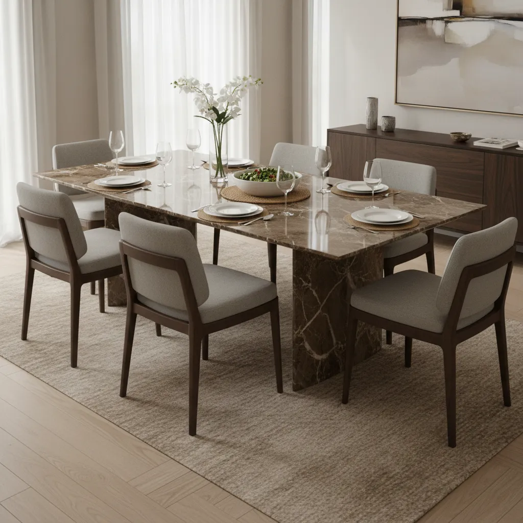 Brown marble dining table protected with placemats and coasters