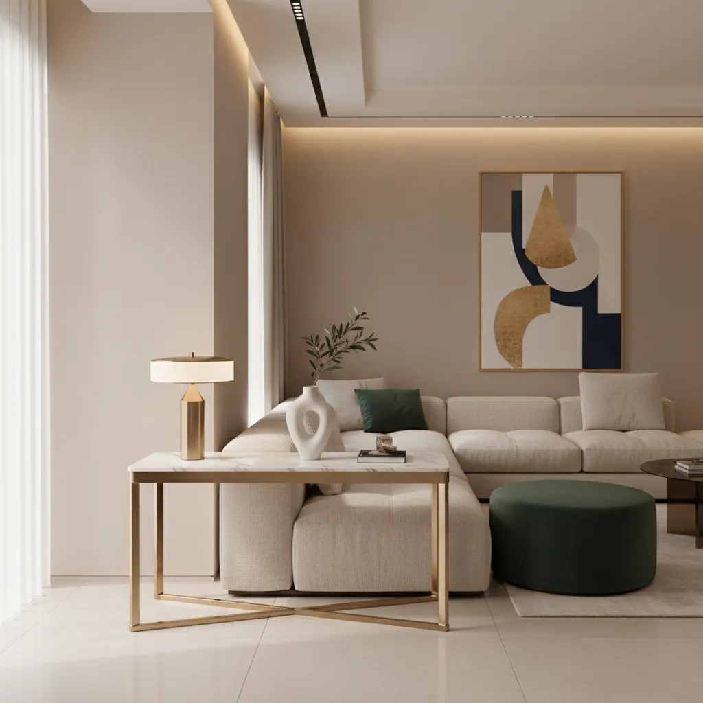 Modern marble top corner table with metal frame in contemporary living room