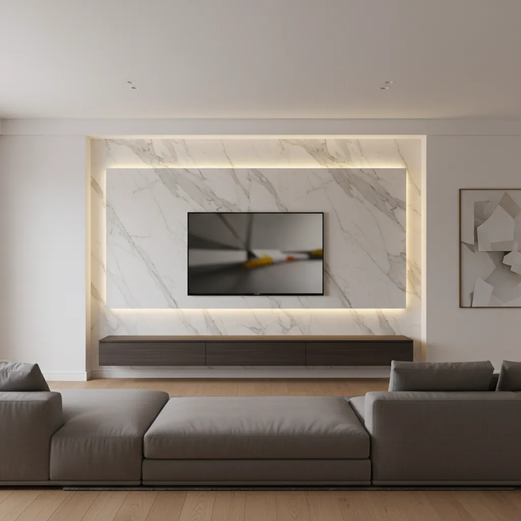 marble TV wall with integrated LED lighting