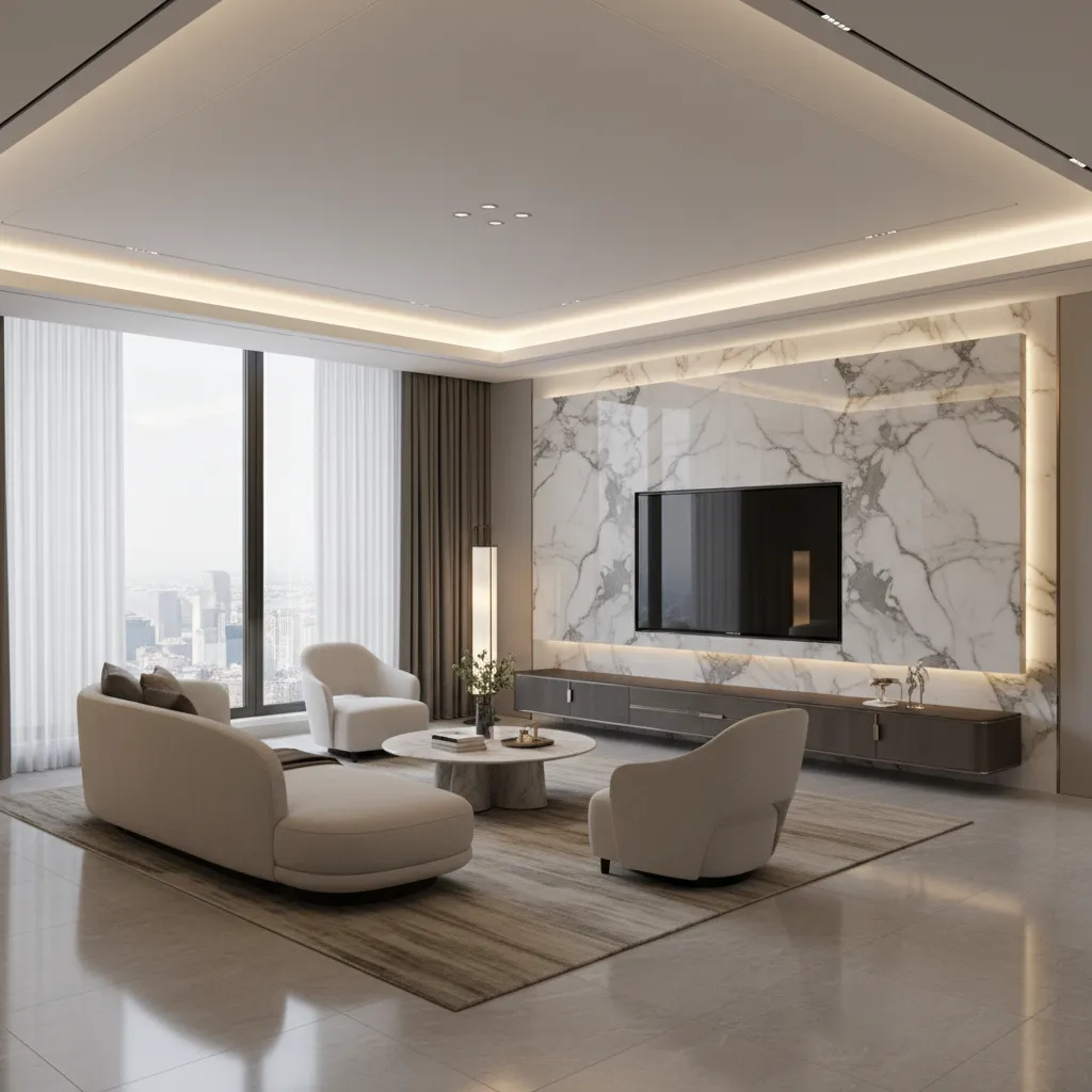 Luxury marble TV wall with minimal cabinet in modern living room