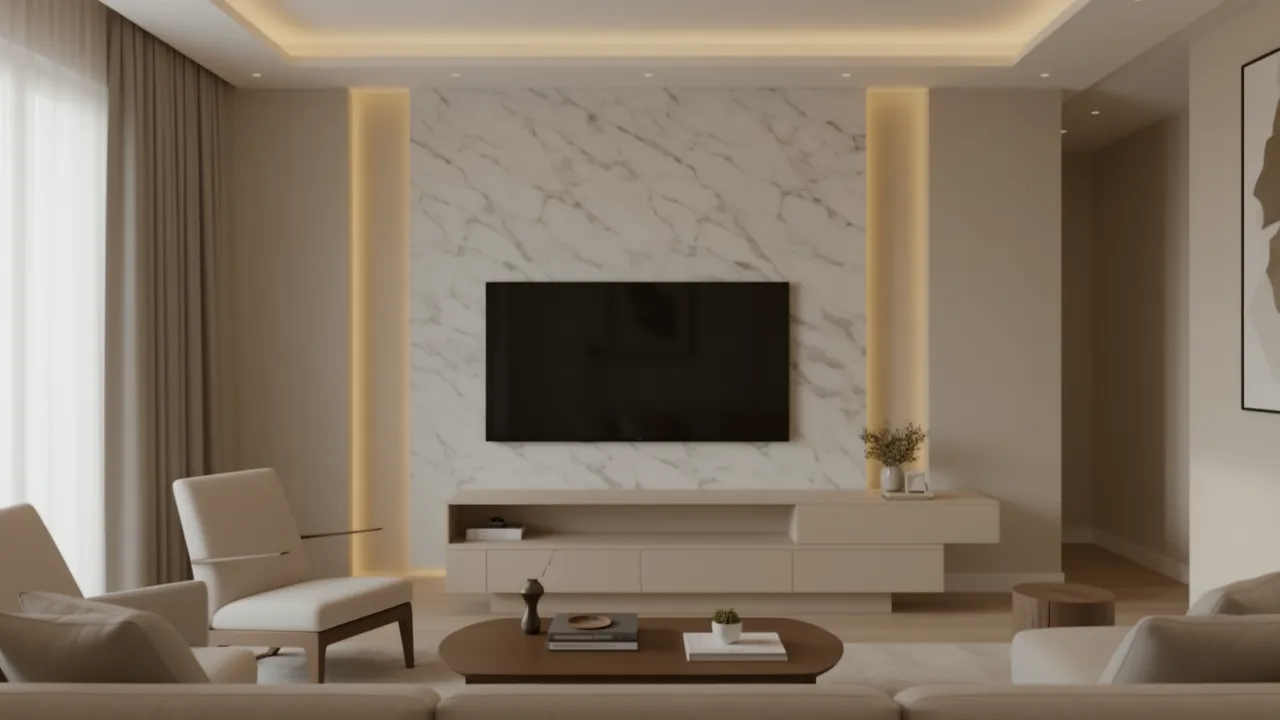 Modern TV wall with large marble slab in a small living room