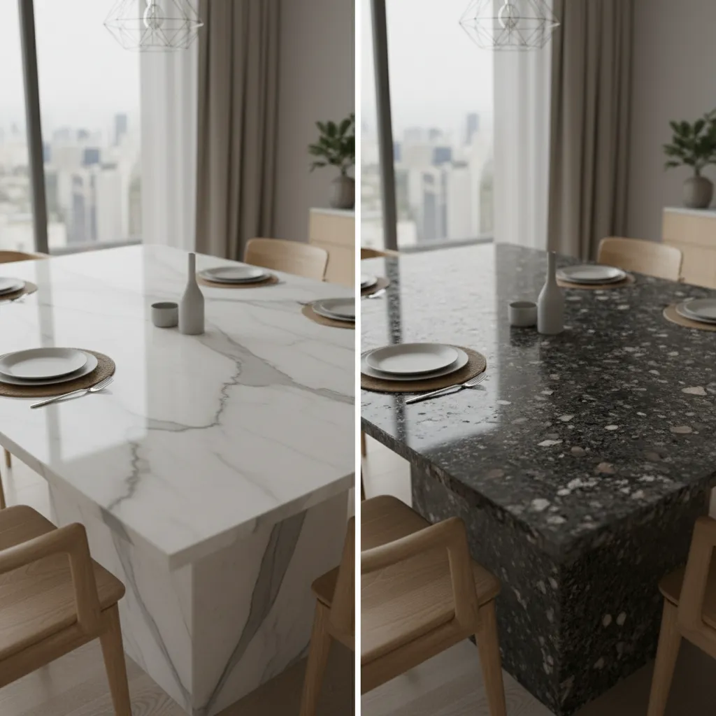 Side by side comparison of marble and granite dining table surfaces