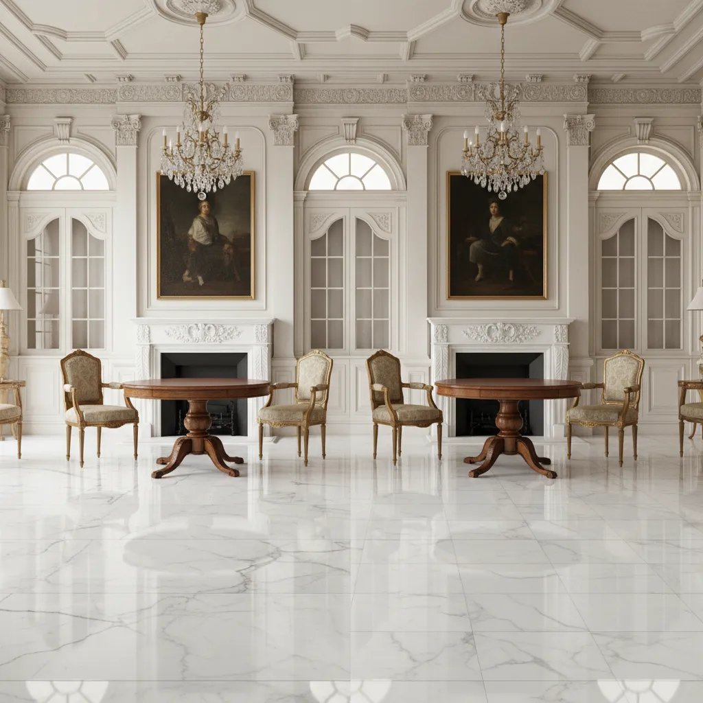 comparison of real marble flooring and marble look tile in classical interior