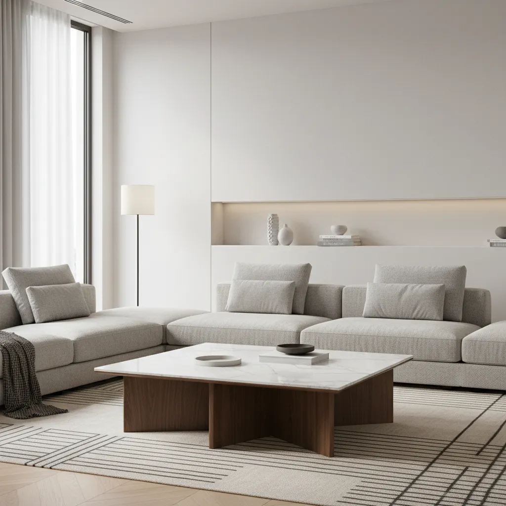 Modern marble top and wood base centre table in contemporary living room