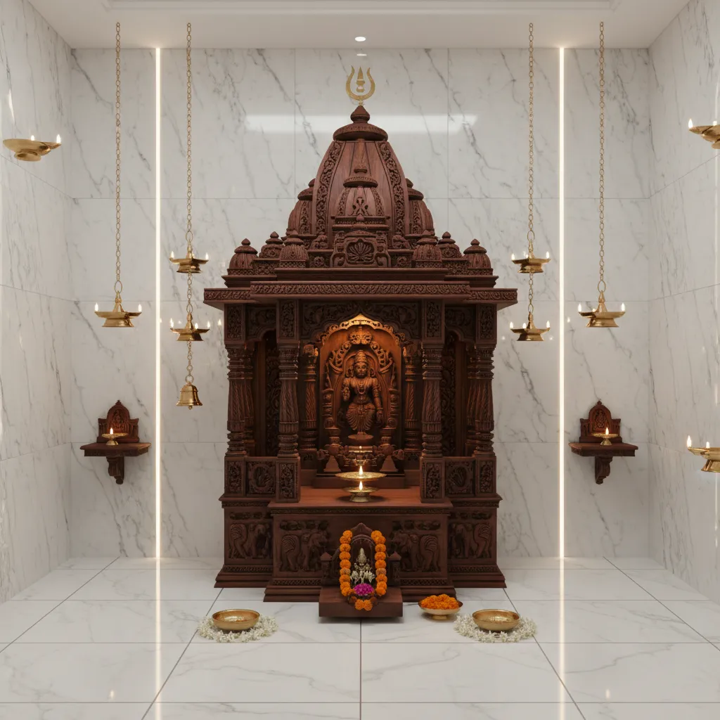 Pooja room combining marble background and wooden temple unit