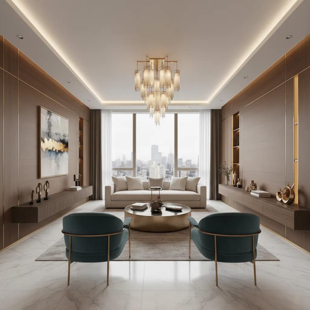 Modern living room with wood wall panel cream sofa teal armchairs coffee table ceiling light