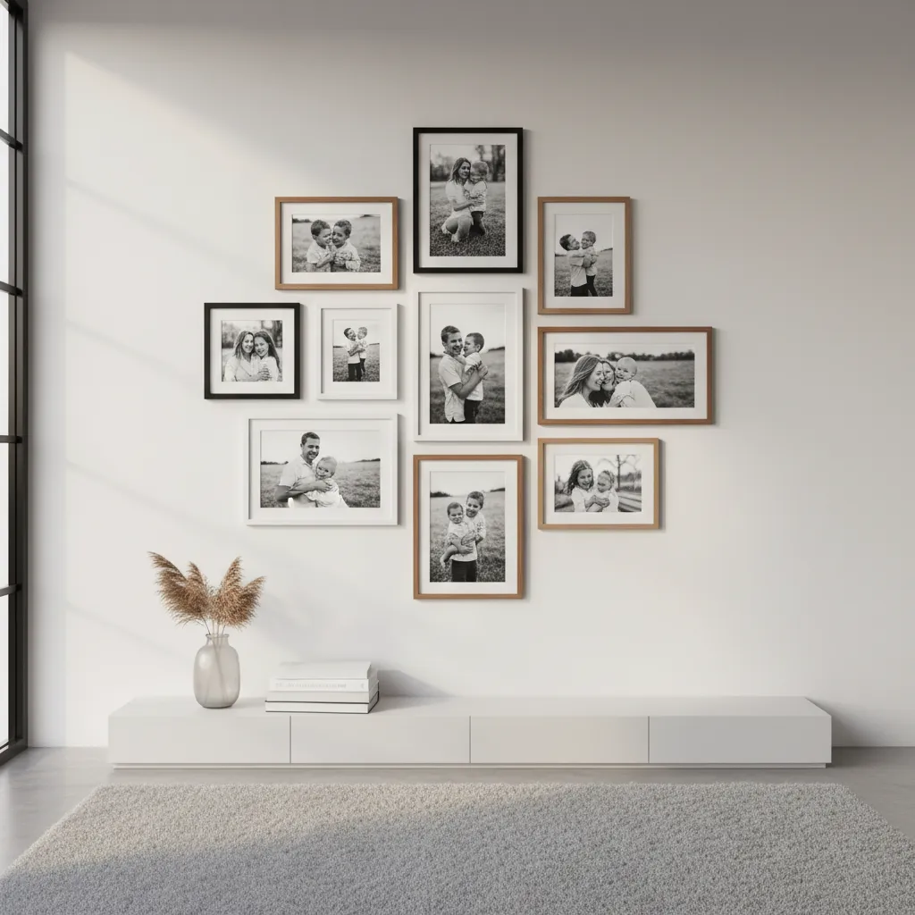 White wall with black and white family photos above a long cabinet and grey rug