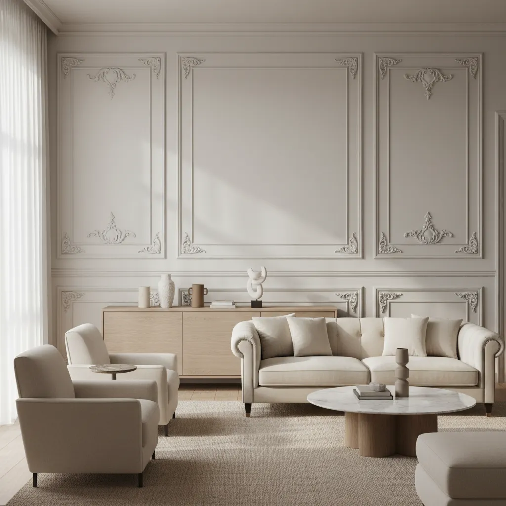 Pared de salón con marcos decorativos de yeso pintados