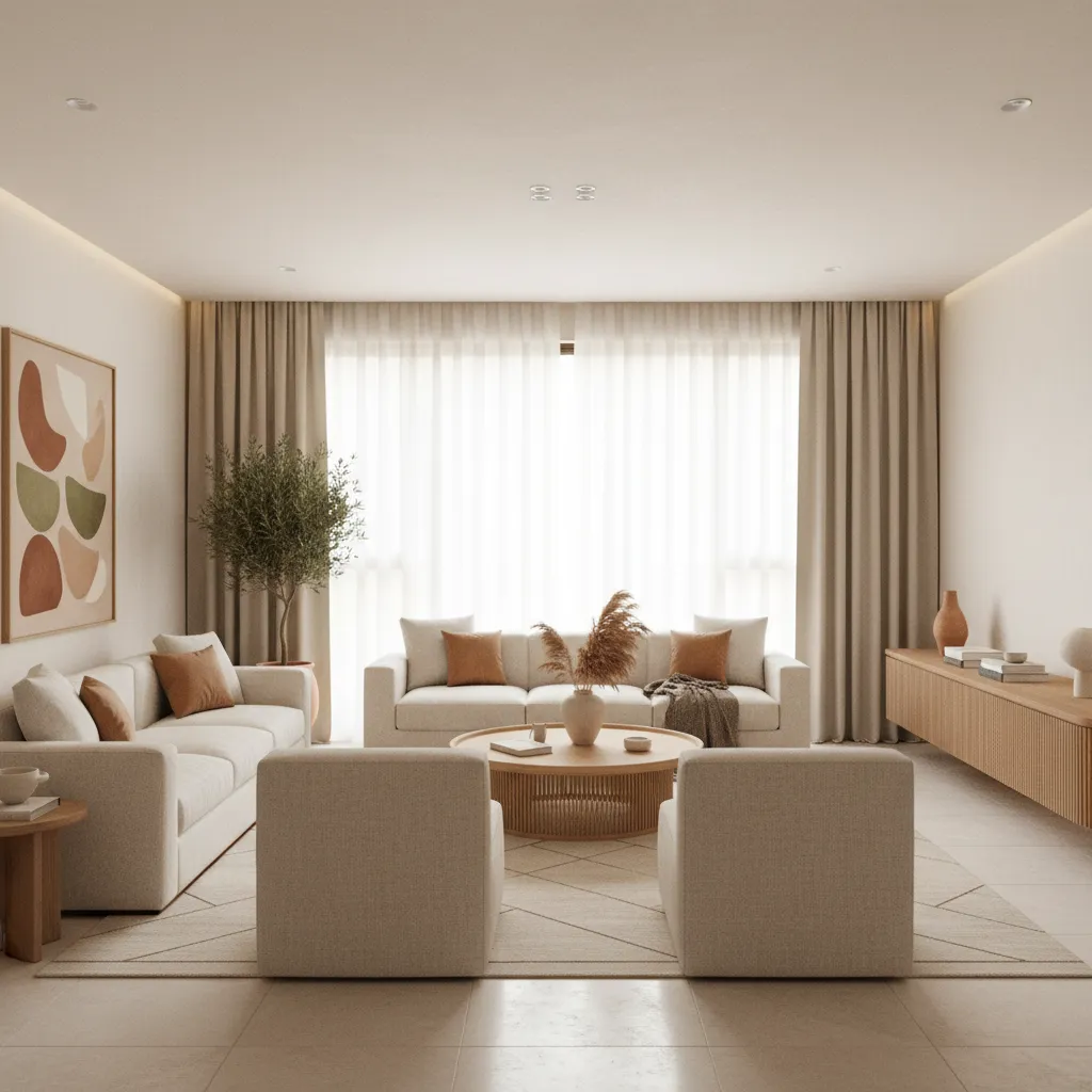Minimalist living room with cream sofas, wooden coffee table, rug, large windows, and wall art