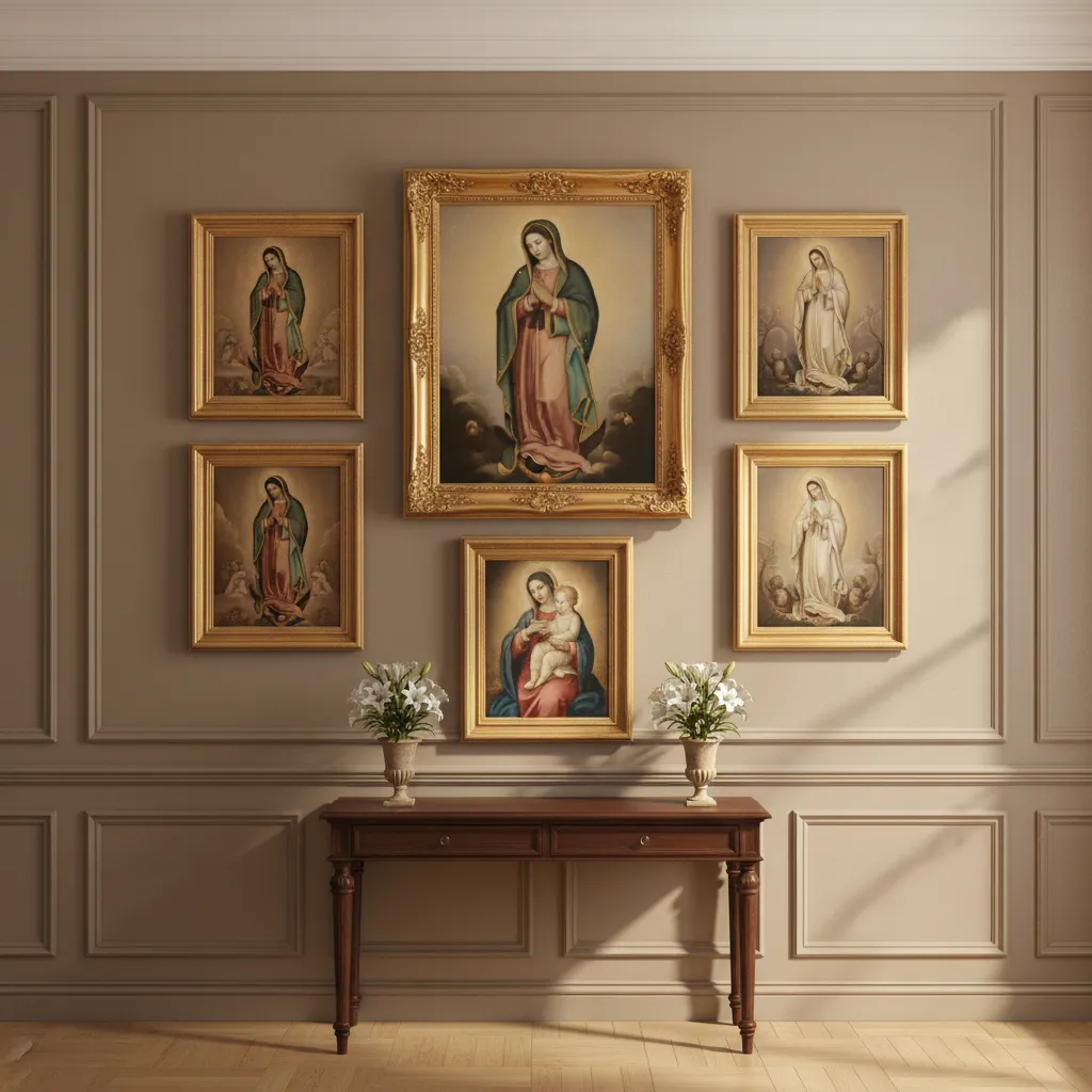 Gallery wall with multiple Virgin Mary artworks arranged symmetrically