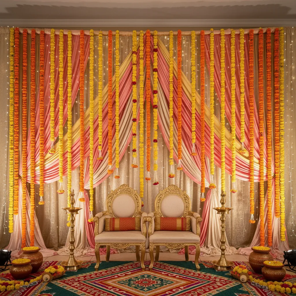 marigold flower garland backdrop used in Indian baby shower decoration