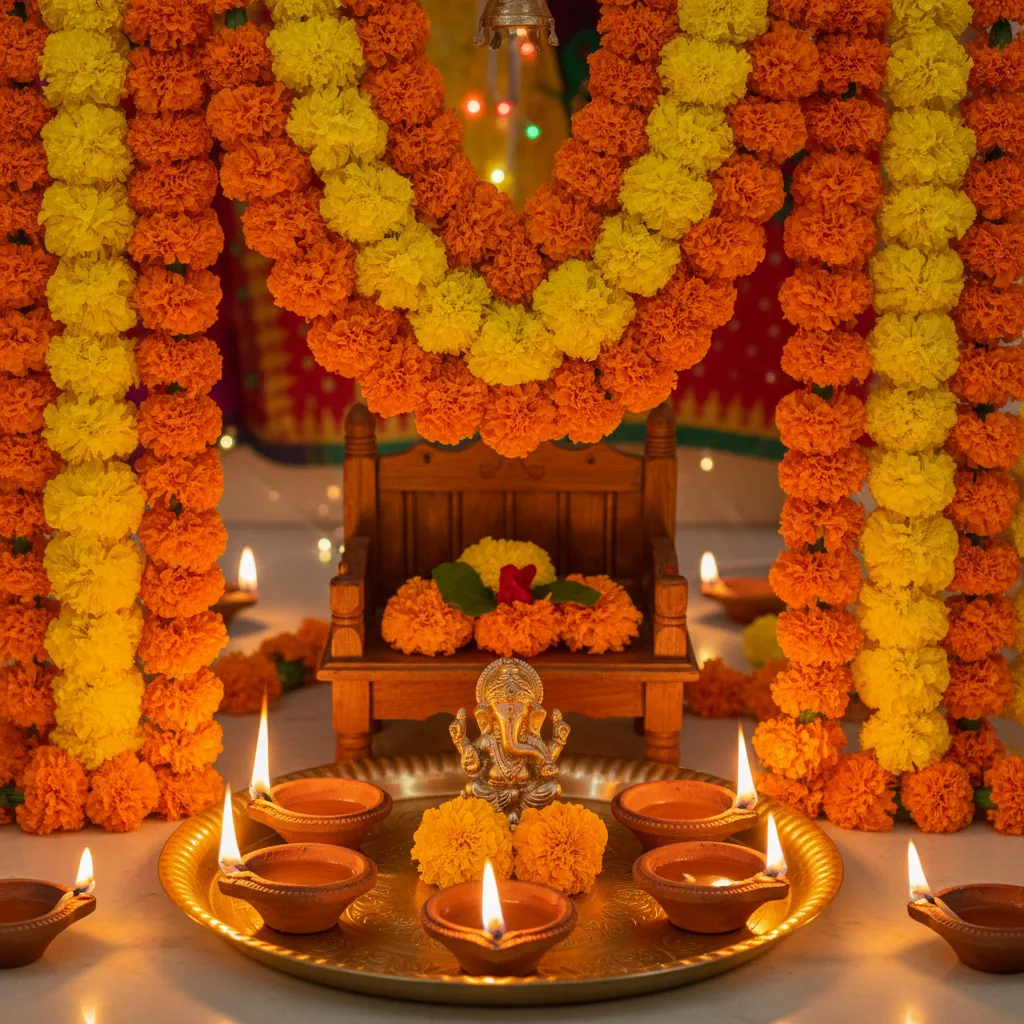 Marigold flower garlands and diyas used in Laxmi Pooja decoration