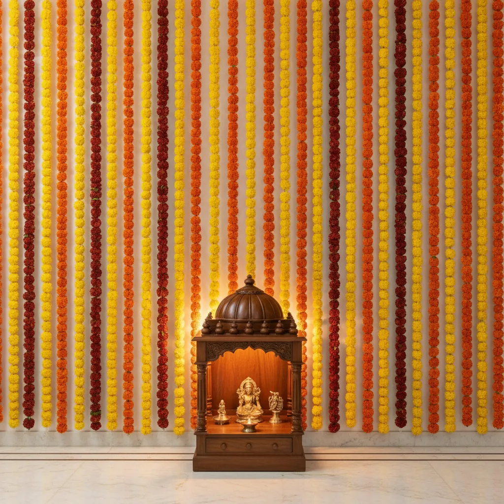 Marigold garland backdrop behind a home temple for Satyanarayan Pooja