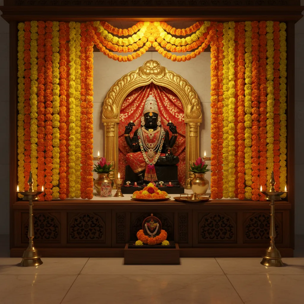 Pooja mandir framed with marigold garlands for festive decoration