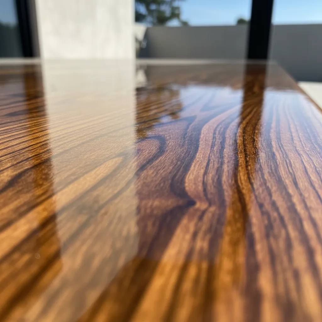 close up of marine epoxy coating protecting wooden outdoor surface