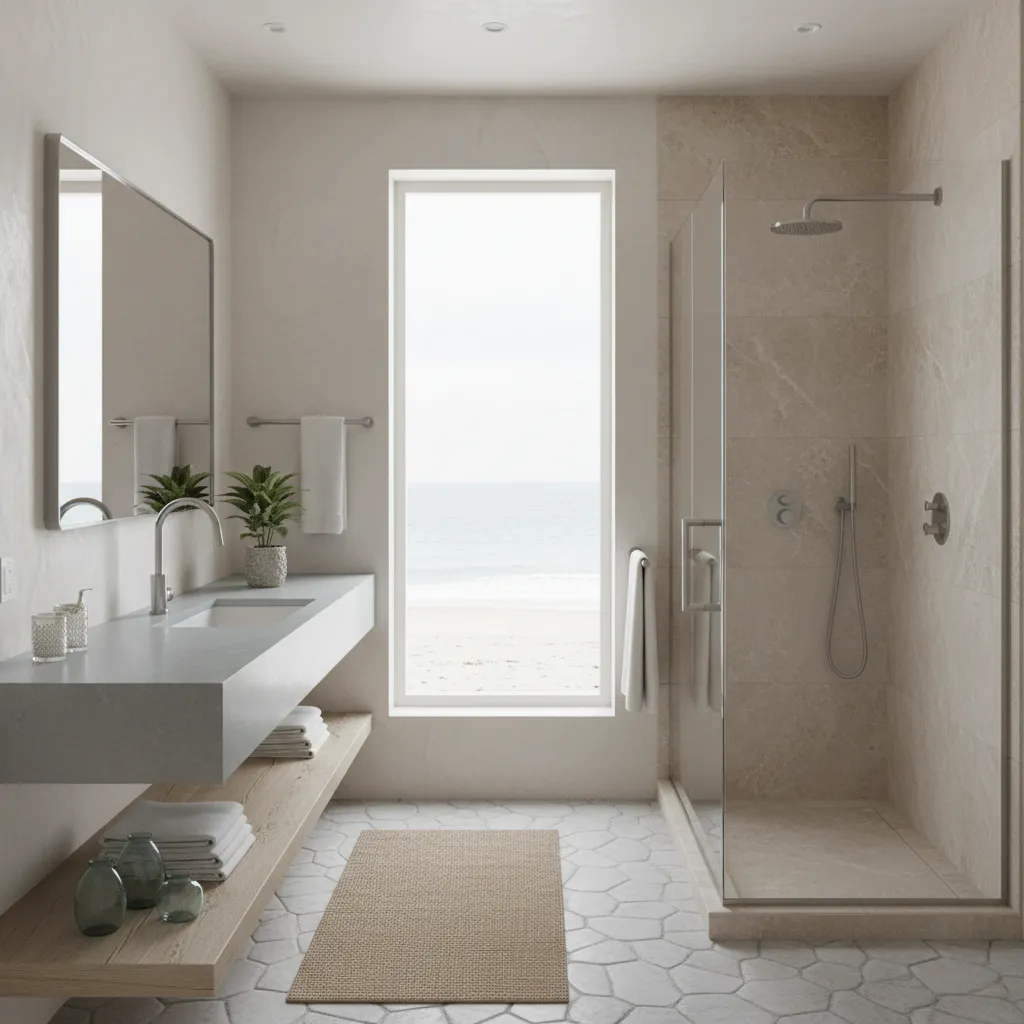 Marine grade stainless steel fixtures used in a coastal bathroom