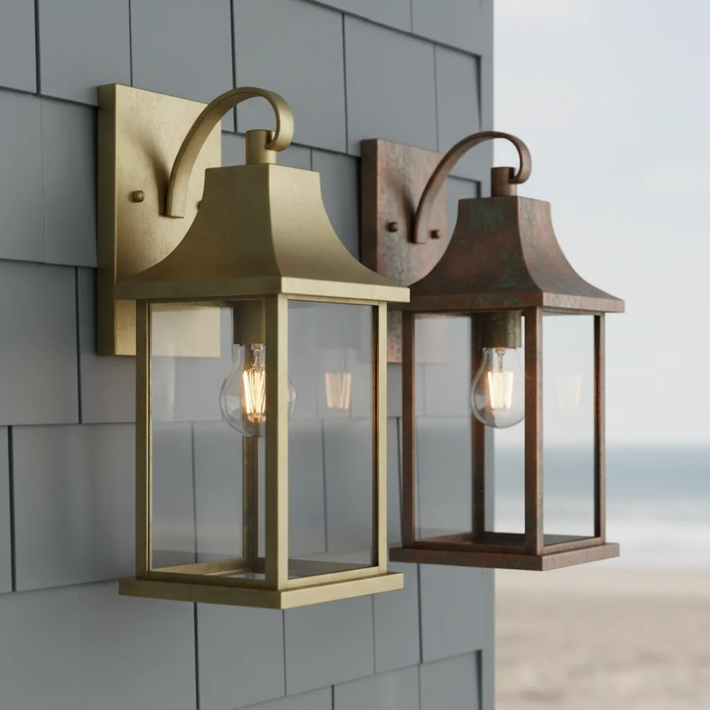 Close up of brass and copper marine grade outdoor lighting fixtures