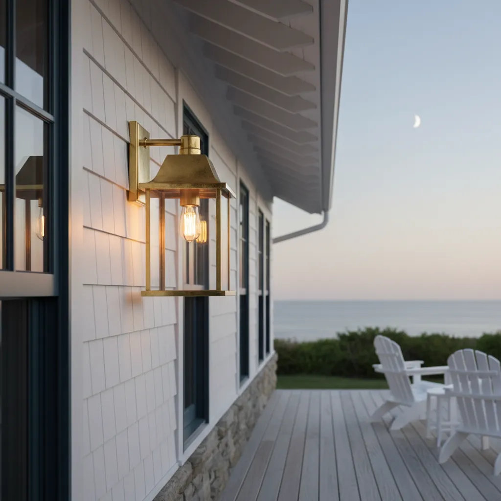 Marine grade brass outdoor lantern installed on coastal home exterior