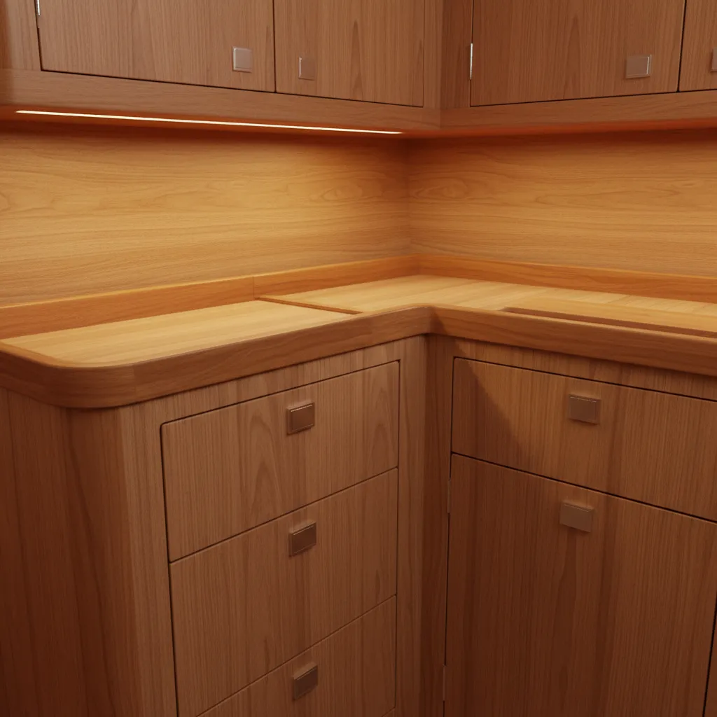 close up of marine plywood cabinetry and stainless hardware in boat interior