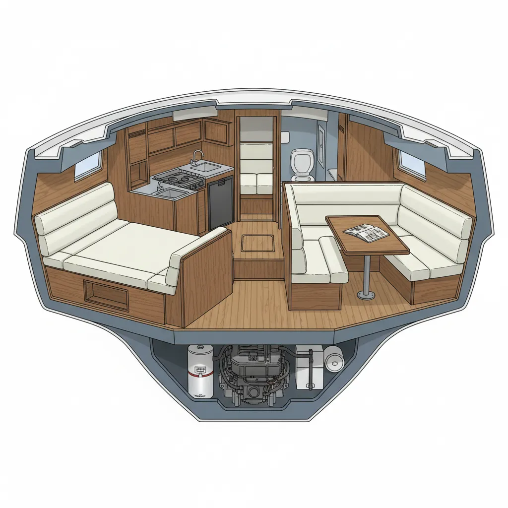 diagram style boat interior showing moisture resistant panels and marine upholstery