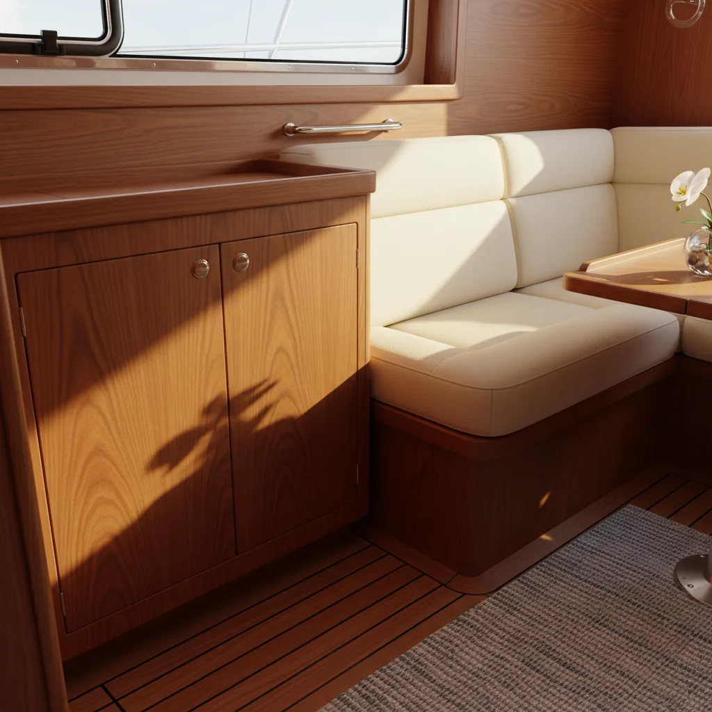 close up of marine upholstery vinyl and teak wood interior in boat