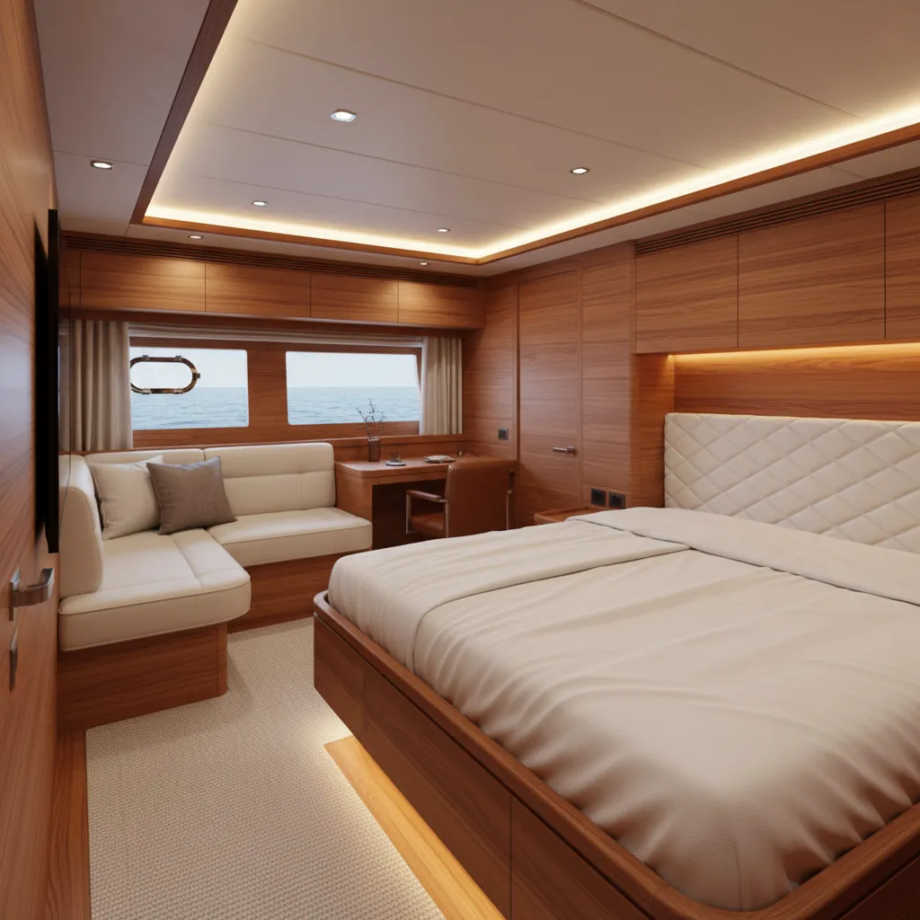 teak wood cabinetry and marine plywood panels in boat cabin interior