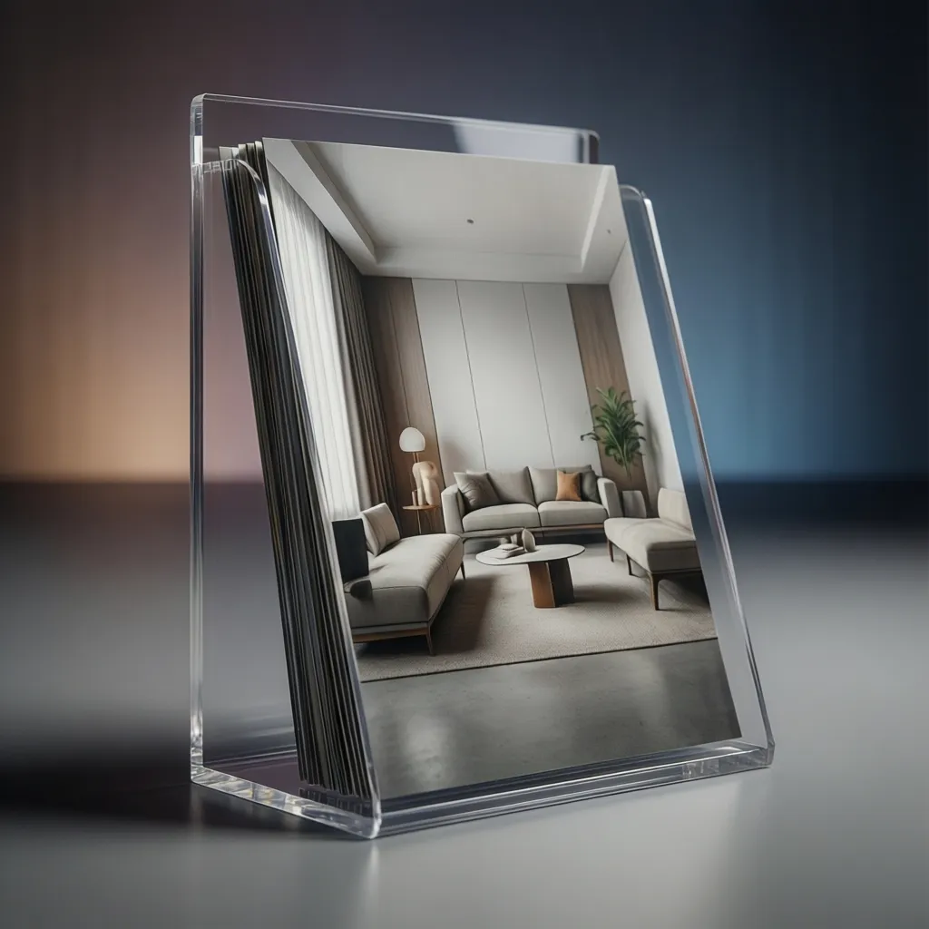 3D marketing render showing acrylic brochure stand with promotional flyers