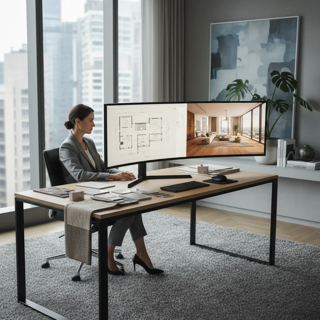 Woman designer at office desk using large monitor showing floor plan and interior design drawing