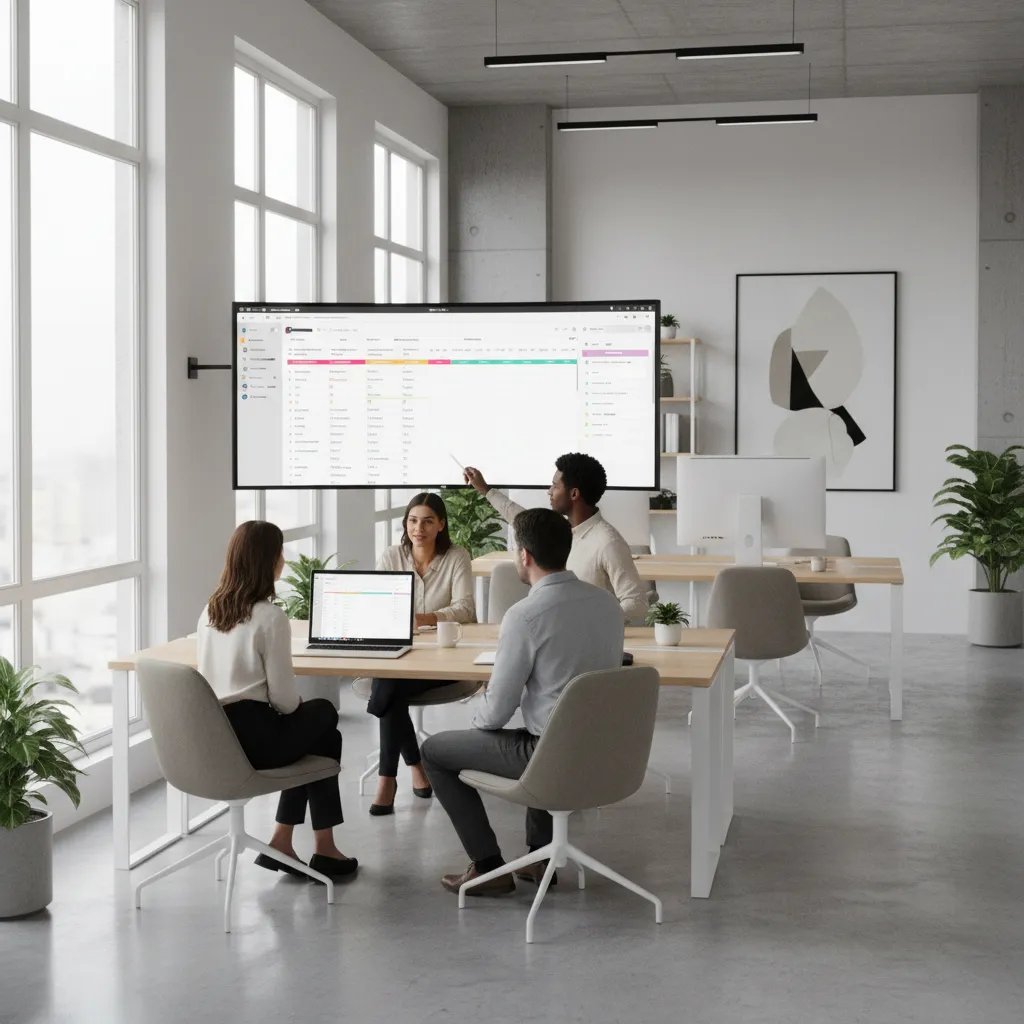 marketing team reviewing campaign calendar template on laptop in modern office