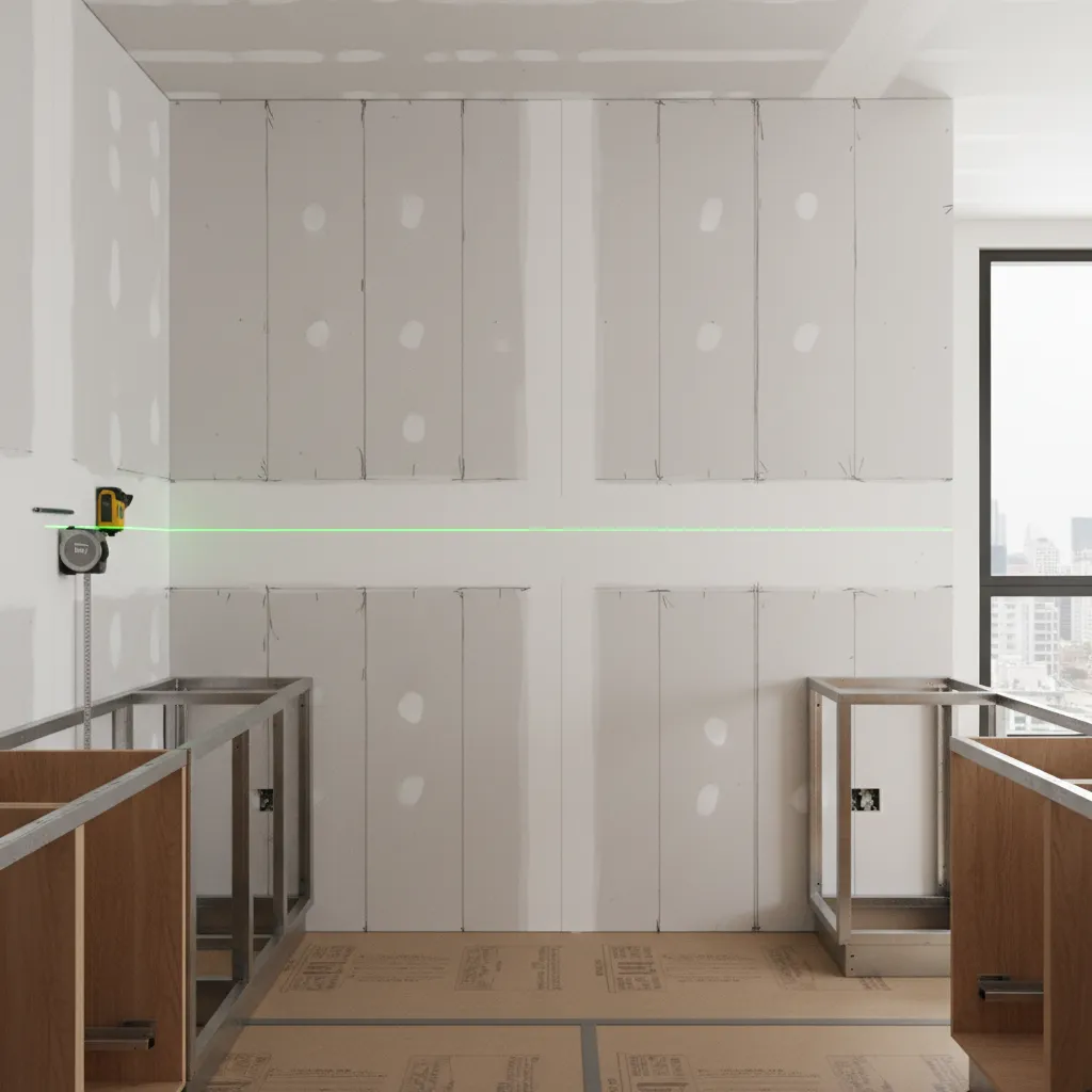 wall studs marked on drywall for installing kitchen cabinets