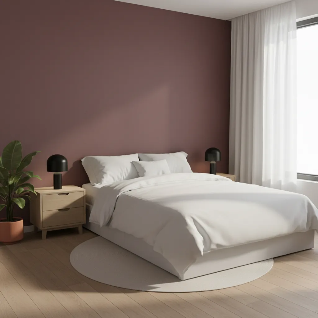 Small bedroom with maroon accent wall behind bed and light neutral decor