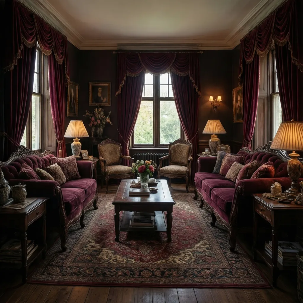 Traditional living room with dark maroon curtains and wooden furniture