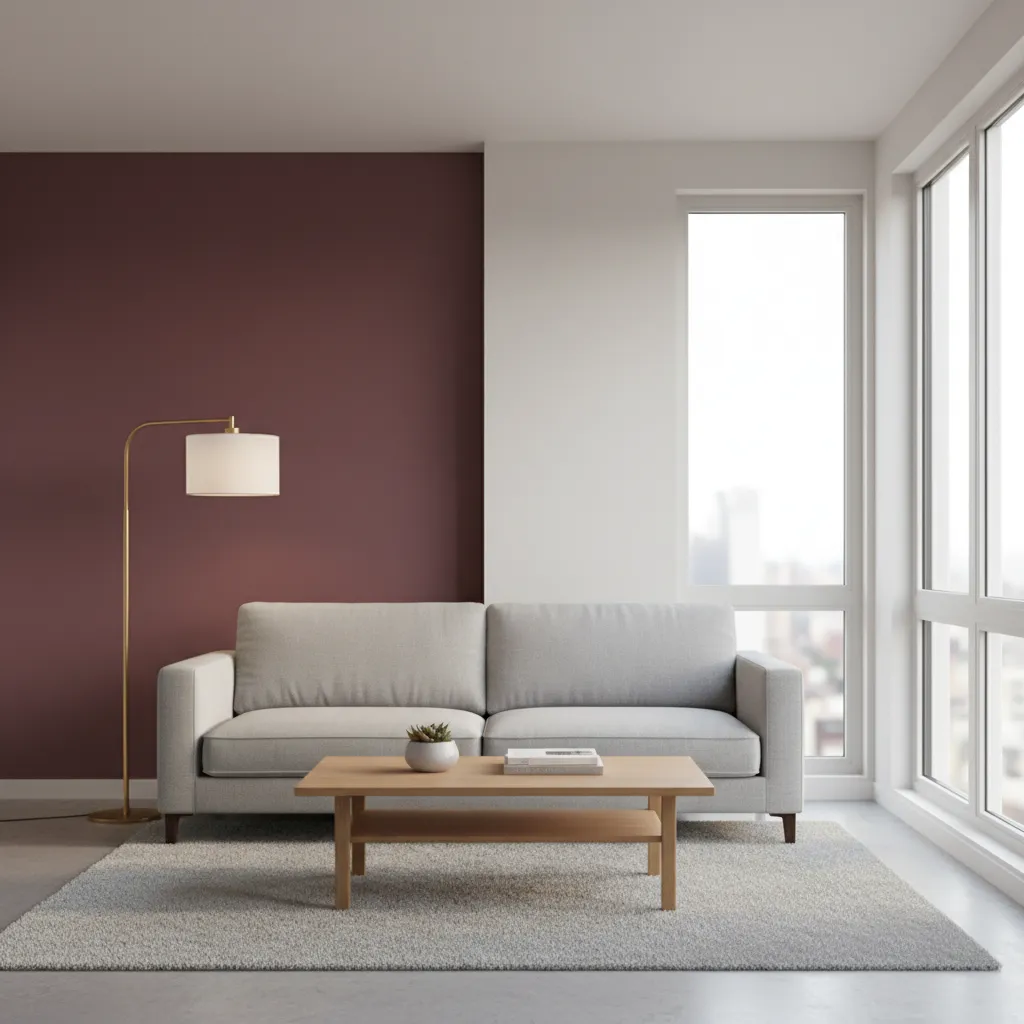 Small living room with maroon focal wall behind sofa and neutral decor