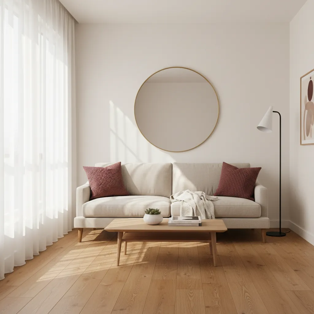 Small room design using maroon accents with light furniture and mirrors