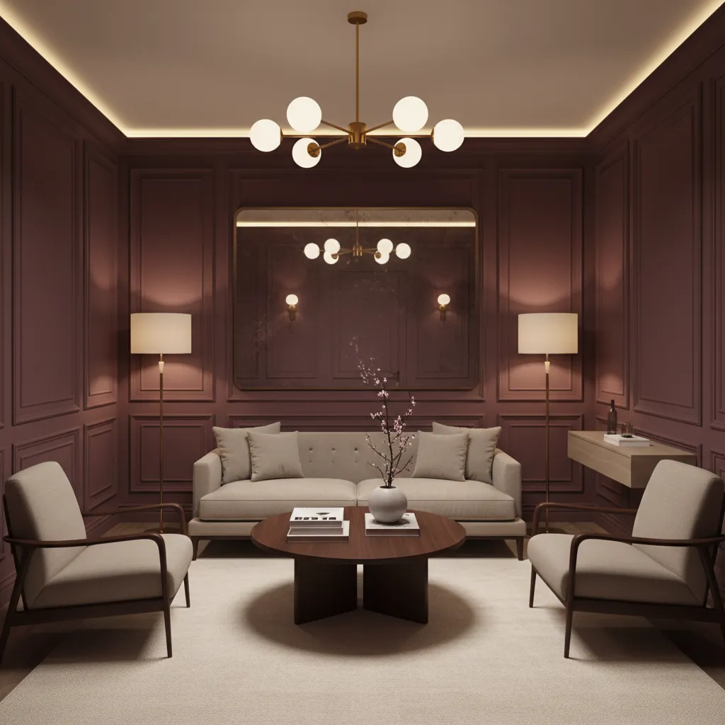 Small room with maroon wall paneling and elegant trim details